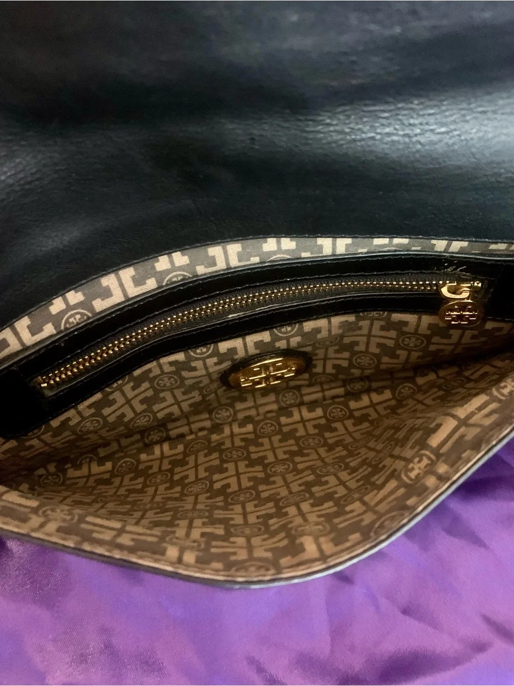 Tory Burch Black Patent Leather Clutch with Gold Logo Accent